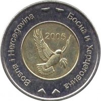 Bosnia and Herzegovina coin 5 Konvertible Marka (2005 - 2009) obverse obverse of 5 Konvertible Marka (2005 - 2009) coin with KM# 120 from Bosnia and Herzegovina. Inscription: Bosna i Hercegovina 2005 Босна и Херцеговина