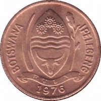 obverse of 5 Thebe - Reeded edge (1976 - 1989) coin with KM# 4 from Botswana. Inscription: BOTSWANA IPELEGENG PULA 1976