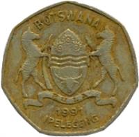 Botswana coin 1 Pula (1991 - 2007) obverse obverse of 1 Pula (1991 - 2007) coin with KM# 24 from Botswana. Inscription: BOTSWANA IPELEGENG PULA 1997