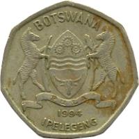 obverse of 2 Pula (1994) coin with KM# 25 from Botswana. Inscription: BOTSWANA IPELEGENG PULA 1994