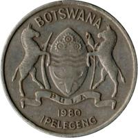 obverse of 50 Thebe (1976 - 1985) coin with KM# 7 from Botswana. Inscription: BOTSWANA IPELEGENG PULA 1976