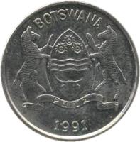 obverse of 25 Thebe (1991) coin with KM# 6a from Botswana. Inscription: BOTSWANA PULA 1991