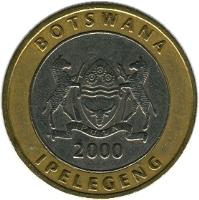 obverse of 5 Pula (2000 - 2007) coin with KM# 30 from Botswana. Inscription: BOTSWANA IPELEGENG PULA 2000