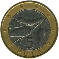 reverse of 5 Pula (2000 - 2007) coin with KM# 30 from Botswana. Inscription: 5 PULA