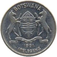 Botswana coin 50 Thebe (1991) obverse obverse of 50 Thebe (1991) coin with KM# 7a from Botswana. Inscription: BOTSWANA PULA 1991 IPELEGENG