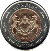 obverse of 2 Pula (2013) coin with KM# 36 from Botswana. Inscription: BOTSWANA PULA 2013 IPELEGENG