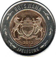 Botswana coin 2 Pula (2013) obverse obverse of 2 Pula (2013) coin with KM# 36 from Botswana. Inscription: BOTSWANA PULA 2013 IPELEGENG