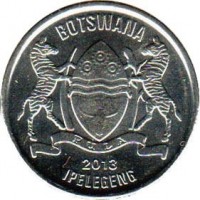 Botswana coin 50 Thebe (2013) obverse obverse of 50 Thebe (2013) coin with KM# 34 from Botswana. Inscription: BOTSWANA PULA 2013 IPELEGENG