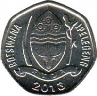 Botswana coin 5 Thebe (2013) obverse obverse of 5 Thebe (2013) coin with KM# 31 from Botswana. Inscription: BOTSWANA IPELEGENG PULA 2013