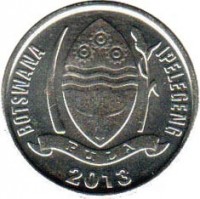 Botswana coin 10 Thebe (2013) obverse obverse of 10 Thebe (2013) coin with KM# 32 from Botswana. Inscription: BOTSWANA IPELEGENG PULA 2013