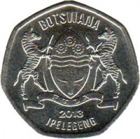 obverse of 25 Thebe (2013) coin with KM# 33 from Botswana. Inscription: BOTSWANA PULA 2013 IPELEGENG