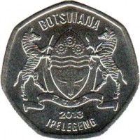 Botswana coin 25 Thebe (2013) obverse obverse of 25 Thebe (2013) coin with KM# 33 from Botswana. Inscription: BOTSWANA PULA 2013 IPELEGENG