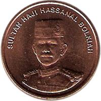 Brunei coin 1 Sen - Hassanal Bolkiah - 2'nd Portrait (1993 - 2006) obverse obverse of 1 Sen - Hassanal Bolkiah - 2'nd Portrait (1993 - 2006) coin with KM# 34 from Brunei. Inscription: SULTAN HAJI HASSANAL BOLKIAH