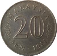 reverse of 20 Sen - Yang di-Pertuan Agong (1967 - 1988) coin with KM# 4 from Malaysia. Inscription: MALAYSIA 20 SEN 1988