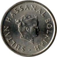 Brunei coin 5 Sen - Hassanal Bolkiah - Without 'I' in title; 1'st Portrait (1977 - 1993) obverse obverse of 5 Sen - Hassanal Bolkiah - Without 'I' in title; 1'st Portrait (1977 - 1993) coin with KM# 16 from Brunei. Inscription: SULTAN HASSANAL BOLKIAH .