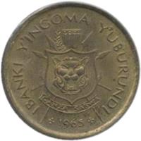 obverse of 1 Franc - Mwambutsa IV (1965) coin with KM# 6 from Burundi. Inscription: IBANKI Y'INGOMA Y'UBURUNDI CANZA SABWA 1965