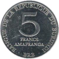 reverse of 5 Francs (1976 - 1980) coin with KM# 20 from Burundi. Inscription: BANQUE DE LA REPUBLIQUE DU BURUNDI 5 FRANCS AMAFRANGA BRB