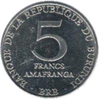 Burundi coin 5 Francs (1976 - 1980) reverse reverse of 5 Francs (1976 - 1980) coin with KM# 20 from Burundi. Inscription: BANQUE DE LA REPUBLIQUE DU BURUNDI 5 FRANCS AMAFRANGA BRB