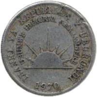 obverse of 1 Franc (1970) coin with KM# 18 from Burundi. Inscription: IBANKI YA REPUBLIKA Y'UBURUNDI UBUMWE-IBIKORWA-AMAJAMBERE 1970