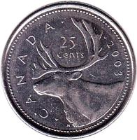 Canada coin 25 Cents - Elizabeth II - 3'rd Portrait (1999 - 2003) reverse reverse of 25 Cents - Elizabeth II - 3'rd Portrait (1999 - 2003) coin with KM# 184b from Canada. Inscription: · C A N A D A · · 2001 25 cents