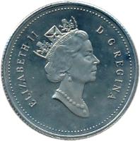 obverse of 25 Cents - Elizabeth II - 3'rd Portrait (1990 - 2001) coin with KM# 184 from Canada. Inscription: ELIZABETH II D · G · REGINA