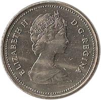 obverse of 25 Cents - Elizabeth II - 2'nd Portrait (1979 - 1989) coin with KM# 74 from Canada. Inscription: ELIZABETH II D · G · REGINA