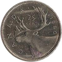 Canada coin 25 Cents - Elizabeth II - 2'nd Portrait (1979 - 1989) reverse reverse of 25 Cents - Elizabeth II - 2'nd Portrait (1979 - 1989) coin with KM# 74 from Canada. Inscription: · C A N A D A · · 1979 25 cents