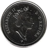 obverse of 5 Cents - Elizabeth II - 3'rd Portrait (1999 - 2003) coin with KM# 182b from Canada. Inscription: ELIZABETH II D · G · REGINA P