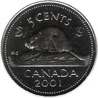 reverse of 5 Cents - Elizabeth II - 3'rd Portrait (1999 - 2003) coin with KM# 182b from Canada. Inscription: 5 CENTS CANADA 2001