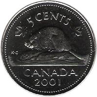 Canada coin 5 Cents - Elizabeth II - 3'rd Portrait (1999 - 2003) reverse reverse of 5 Cents - Elizabeth II - 3'rd Portrait (1999 - 2003) coin with KM# 182b from Canada. Inscription: 5 CENTS CANADA 2001