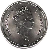 obverse of 5 Cents - Elizabeth II - 3'rd Portrait (1990 - 2001) coin with KM# 182 from Canada. Inscription: ELIZABETH II D · G · REGINA