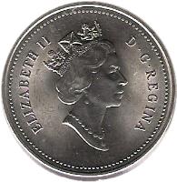 Canada coin 5 Cents - Elizabeth II - 3'rd Portrait (1990 - 2001) obverse obverse of 5 Cents - Elizabeth II - 3'rd Portrait (1990 - 2001) coin with KM# 182 from Canada. Inscription: ELIZABETH II D · G · REGINA