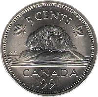 Canada coin 5 Cents - Elizabeth II - 3'rd Portrait (1990 - 2001) reverse reverse of 5 Cents - Elizabeth II - 3'rd Portrait (1990 - 2001) coin with KM# 182 from Canada. Inscription: 5 CENTS CANADA 1993