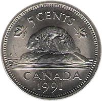 reverse of 5 Cents - Elizabeth II - 3'rd Portrait (1990 - 2001) coin with KM# 182 from Canada. Inscription: 5 CENTS CANADA 1993