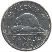reverse of 5 Cents - Elizabeth II - 2'nd Portrait (1982 - 1989) coin with KM# 60.2a from Canada. Inscription: 5 CENTS CANADA 1986
