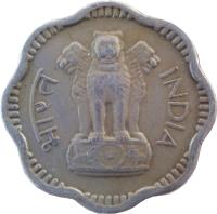 obverse of 10 Naye Paise (1957 - 1963) coin with KM# 24 from India. Inscription: भारत INDIA