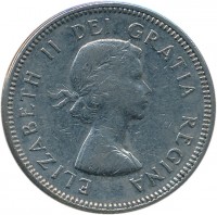 obverse of 5 Cents - Elizabeth II - 1'st Portrait (1963 - 1964) coin with KM# 57 from Canada. Inscription: ELIZABETH II DEI GRATIA REGINA