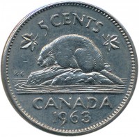 reverse of 5 Cents - Elizabeth II - 1'st Portrait (1963 - 1964) coin with KM# 57 from Canada. Inscription: 5 CENTS CANADA 1963