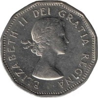obverse of 5 Cents - Elizabeth II - Dodecagonal; 1'st Portrait (1955 - 1962) coin with KM# 50a from Canada. Inscription: ELIZABETH II DEI GRATIA REGINA MG