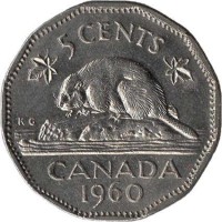 Canada coin 5 Cents - Elizabeth II - Dodecagonal; 1'st Portrait (1955 - 1962) reverse reverse of 5 Cents - Elizabeth II - Dodecagonal; 1'st Portrait (1955 - 1962) coin with KM# 50a from Canada. Inscription: 5 CENTS CANADA 1961