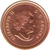 obverse of 1 Cent - Elizabeth II - Non magnetic; 4'th Portrait (2003 - 2012) coin with KM# 490 from Canada. Inscription: ELIZABETH II D · G · REGINA