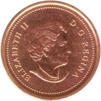Canada coin 1 Cent - Elizabeth II - Non magnetic; 4'th Portrait (2003 - 2012) obverse obverse of 1 Cent - Elizabeth II - Non magnetic; 4'th Portrait (2003 - 2012) coin with KM# 490 from Canada. Inscription: ELIZABETH II D · G · REGINA
