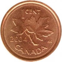 reverse of 1 Cent - Elizabeth II - Non magnetic; 4'th Portrait (2003 - 2012) coin with KM# 490 from Canada. Inscription: 1CENT 2004 K · G CANADA