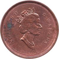 obverse of 1 Cent - Elizabeth II - Round; 3'rd Portrait (1997 - 2003) coin with KM# 289 from Canada. Inscription: ELIZABETH II D · G · REGINA