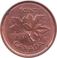 reverse of 1 Cent - Elizabeth II - Round; 3'rd Portrait (1997 - 2003) coin with KM# 289 from Canada. Inscription: 1 CENT 1999 K · G CANADA
