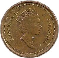 obverse of 1 Cent - Elizabeth II - Dodecagonal; 3'rd Portrait (1990 - 1996) coin with KM# 181 from Canada. Inscription: ELIZABETH II D · G · REGINA