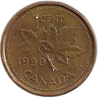 reverse of 1 Cent - Elizabeth II - Dodecagonal; 3'rd Portrait (1990 - 1996) coin with KM# 181 from Canada. Inscription: 1 CENT 1991 CANADA