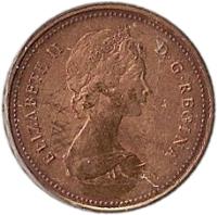 obverse of 1 Cent - Elizabeth II - Round; 2'nd Portrait (1980 - 1981) coin with KM# 127 from Canada. Inscription: ELIZABETH II D · G · REGINA