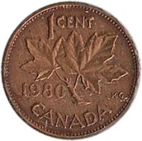 reverse of 1 Cent - Elizabeth II - Round; 2'nd Portrait (1980 - 1981) coin with KM# 127 from Canada. Inscription: 1 CENT 1981 CANADA