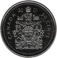 Canada coin 50 Cents - Elizabeth II - 3'rd Portrait (2001 - 2003) reverse reverse of 50 Cents - Elizabeth II - 3'rd Portrait (2001 - 2003) coin with KM# 509 from Canada. Inscription: 20 01 CANADA 50 CENTS